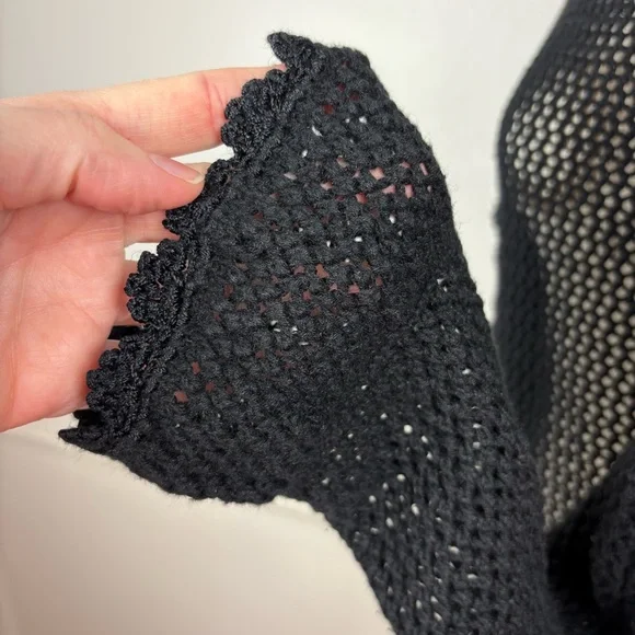 Storybook Knits Vintage Black Cardigan Size L Longline Beaded Floral Open Knit - Picture 9 of 17